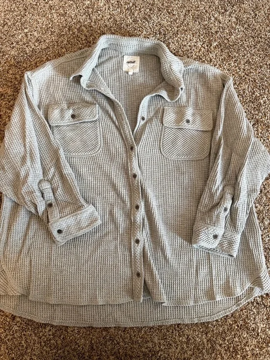 aerie Light Gray Waffle Button-Down Shirt - Picture 1 of 4